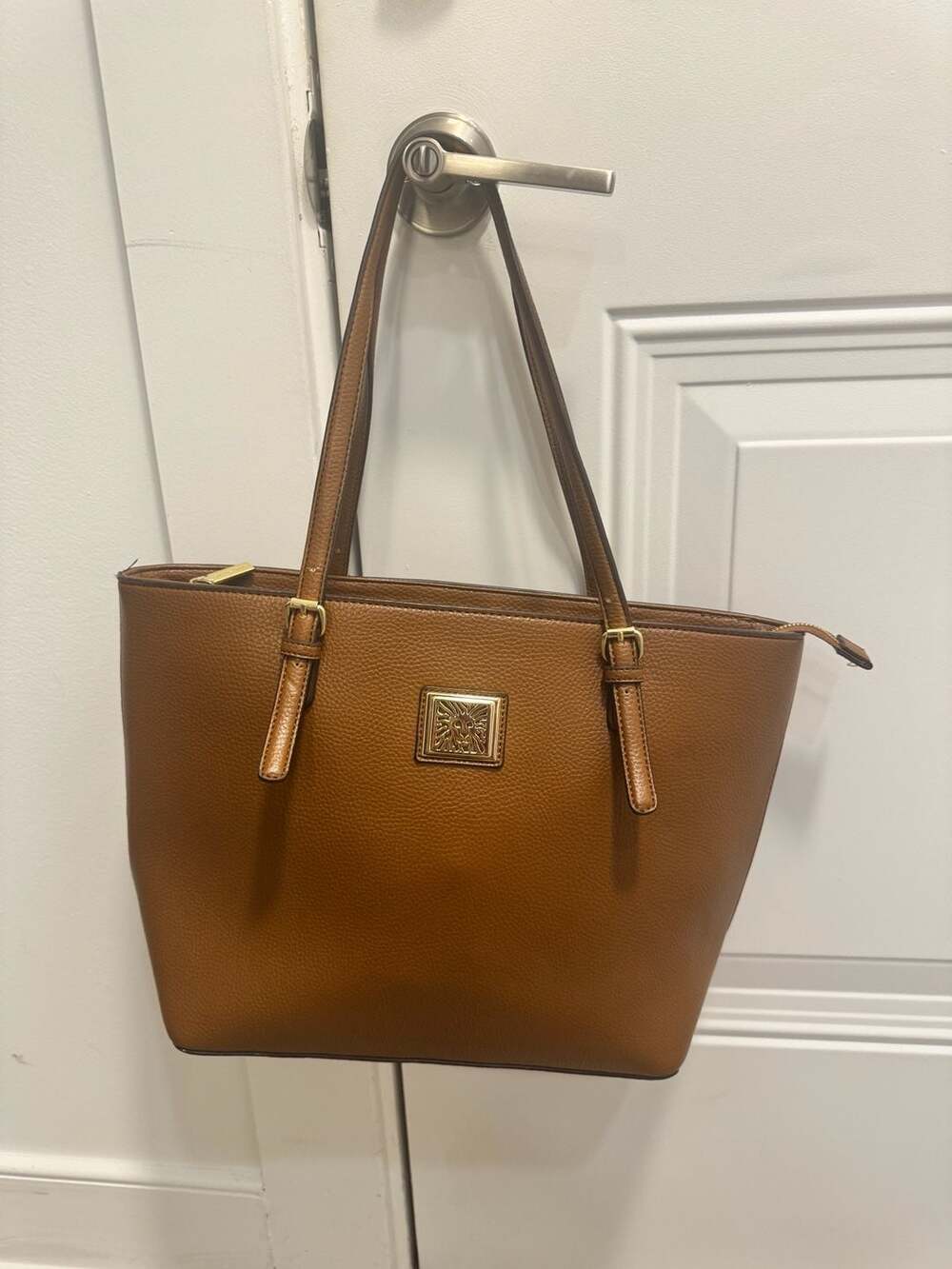 Anne Klein Brown Pebbled Faux Leather Zip Tote Shoulder Bag Gold Logo Large